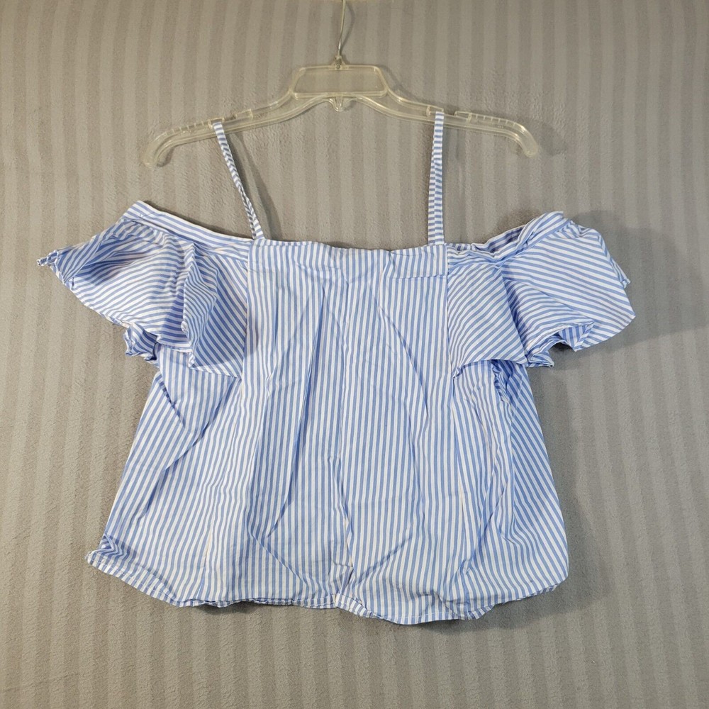 la vie 89 womens top size large off shoulder flutter sleeves blue stripe crop